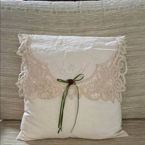 Handmade Other - Lace Accent Pillow with Green Ribbon handmade charming cottage country decor